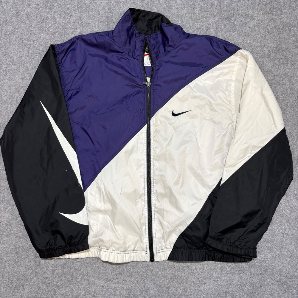 Vintage Nike Windbreaker Jacket Mens Medium Purple White Black Colorblock Swoosh
